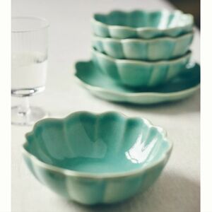 Anthropologie Set of 4, Beatriz Scalloped Stoneware Bowls - Teal